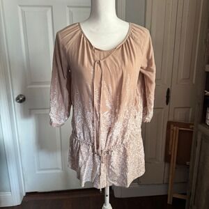 Venus Women's Tan White Print Drawstring Waist 3/4 Sleeve Top Size US 6